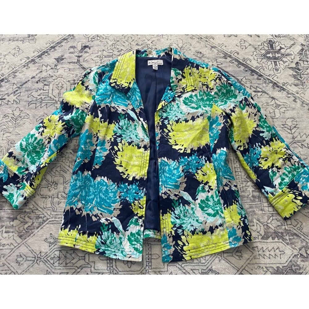 Kim Rogers Womens Small Linen Jacket Blazer Floral Navy Hook Front 3/4 Sleeve